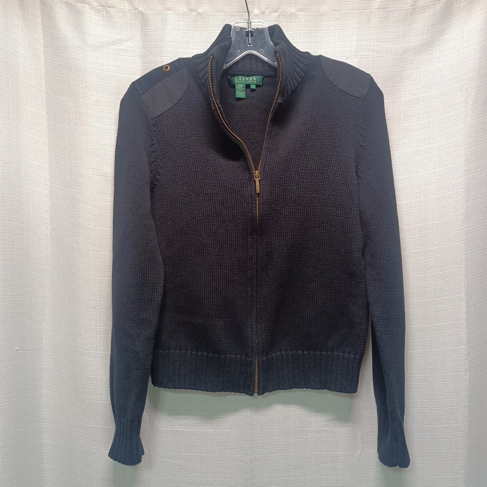 Lauren Ralph Lauren Womens S Military Type Sweater Black Full Zip Cotton Pads